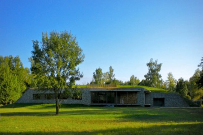Hunting Lodge, Basarch, czech republic, green roof, earth bermed, earth bermed house, gabion baskets