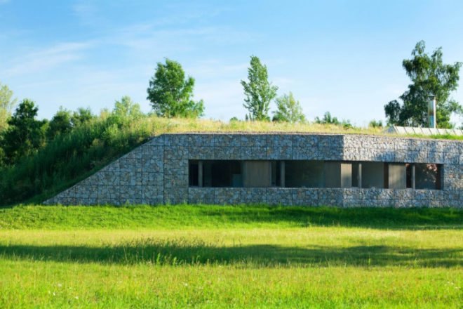 Hunting Lodge, Basarch, czech republic, green roof, earth bermed, earth bermed house, gabion baskets