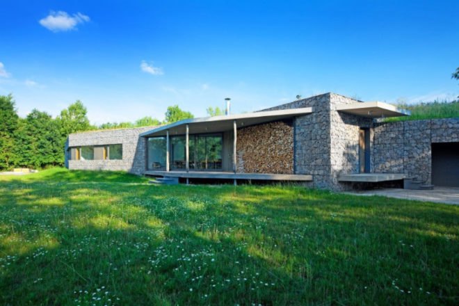 Hunting Lodge, Basarch, czech republic, green roof, earth bermed, earth bermed house, gabion baskets