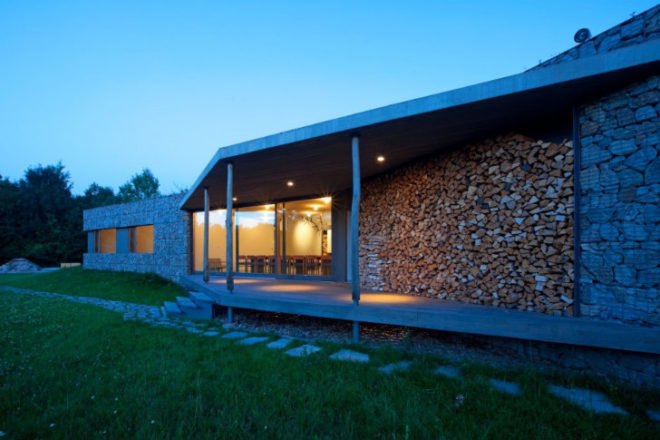 Hunting Lodge, Basarch, czech republic, green roof, earth bermed, earth bermed house, gabion baskets
