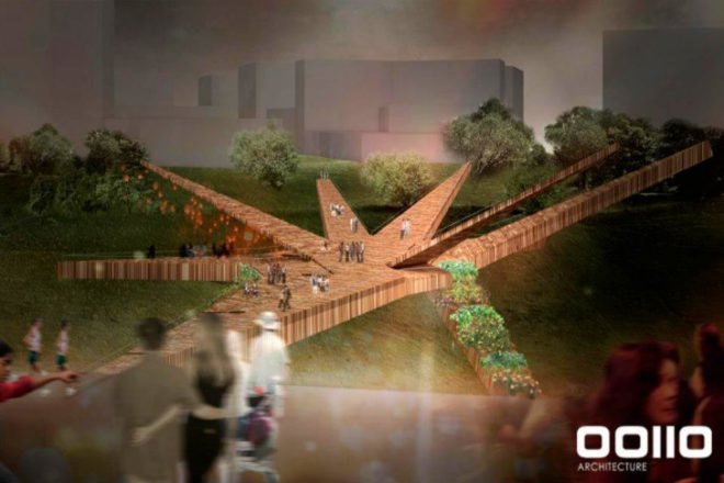Miraflores-Barranco Pedestrian Bridge, OOIIO Architecure, pedestrian bridge, lima, peru, reclaimed timber, recycled wood