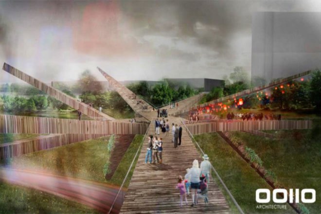 Miraflores-Barranco Pedestrian Bridge, OOIIO Architecure, pedestrian bridge, lima, peru, reclaimed timber, recycled wood