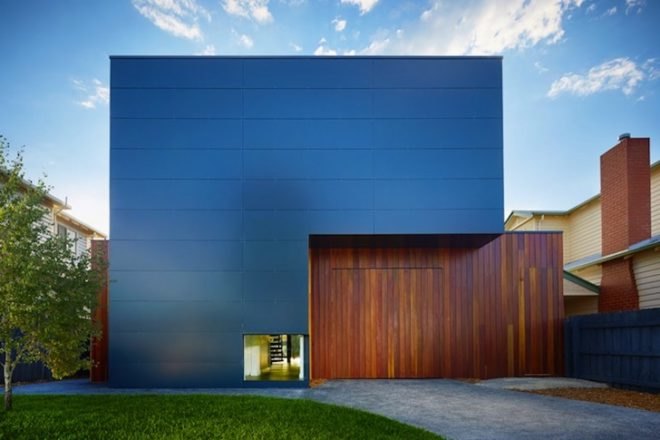 Modscape, minimalist design, prefabricated design, modular architecture, Melbourne, Australia, green design, sustainable design, eco-design, rainwater harvesting, daylighting, solar gain, natural ventilation, solar-heated water, rainwater collection, natural light, glazing, Northcote Home