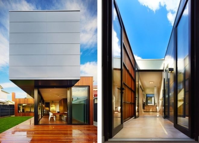 Modscape, minimalist design, prefabricated design, modular architecture, Melbourne, Australia, green design, sustainable design, eco-design, rainwater harvesting, daylighting, solar gain, natural ventilation, solar-heated water, rainwater collection, natural light, glazing, Northcote Home