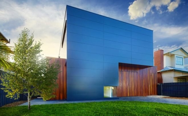 Modscape, minimalist design, prefabricated design, modular architecture, Melbourne, Australia, green design, sustainable design, eco-design, rainwater harvesting, daylighting, solar gain, natural ventilation, solar-heated water, rainwater collection, natural light, glazing, Northcote Home