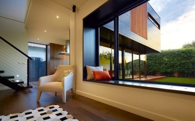 Modscape, minimalist design, prefabricated design, modular architecture, Melbourne, Australia, green design, sustainable design, eco-design, rainwater harvesting, daylighting, solar gain, natural ventilation, solar-heated water, rainwater collection, natural light, glazing, Northcote Home