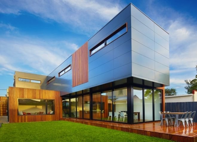 Modscape, minimalist design, prefabricated design, modular architecture, Melbourne, Australia, green design, sustainable design, eco-design, rainwater harvesting, daylighting, solar gain, natural ventilation, solar-heated water, rainwater collection, natural light, glazing, Northcote Home