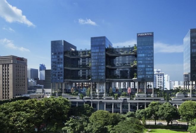 Park Royal Hotel Singapore, WOHA Architects, Singapore architecture, hotel architecture, solar power, solar energy, solar-powered hotel Singapore, vertical garden Singapore, Park Royal on Pickering, BCA Green Mark Platinum, Solar Pioneer Award, vertical park, green hotels, green architecture
