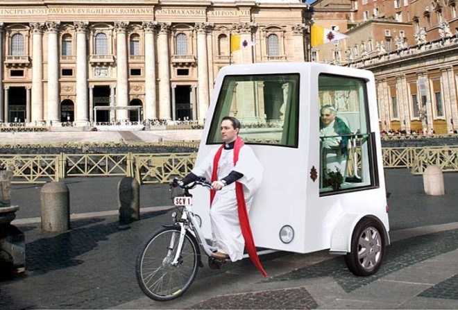 Popemobile, Hybrid Popemobile, Pedal-powered Popemobile, Yannick Read Popemobile, ETA, Mercedes Popemobile, hybrid cars, human-powered vehicle, hybrid tricycle, Pope Francis, green transportation, green vehicle Pope, zero-emission vehicle