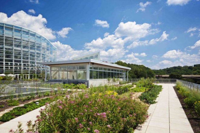 Botanic gardens, garden, green building, green roof, LEED, LEED platinum, Living Building Challenge, Phipps Conservatory, Pittsburgh, sustainable design, Sustainable Sites Initiative, The Design Alliance Architects, rainwater collection, solar energy, geothermal, wind energy,