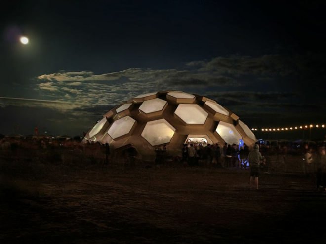 Roskilde geodesic dome, plywood dome Roskilde, Kristoffer Tejlgaard, Benny Jepsen, Roskilde music festival, plywood architecture, biomimicry, CNC machine, digital fabrication, reduced energy consumption, Ultragrøn, music festivals Denmark