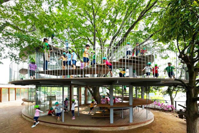 Tetzuka Architects, classroom, japan, japanese design, Fuji Kindergarten, natural light, around a tree, Zelkova tree, Air quality, Architecture, Daylighting, Botanical,