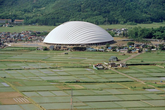 Toyo Ito, Odate Dome, Akita Prefecture, Japan, daylight, Akita Cypress wood, Teflon, snow, monsoon, Air quality, Architecture, Green Materials, energy efficiency, Daylighting,