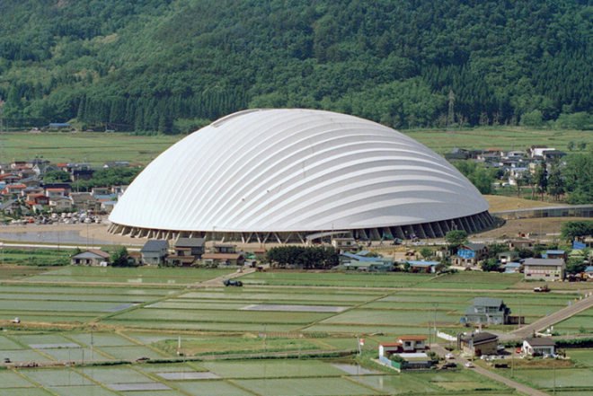 Toyo Ito, Odate Dome, Akita Prefecture, Japan, daylight, Akita Cypress wood, Teflon, snow, monsoon, Air quality, Architecture, Green Materials, energy efficiency, Daylighting,