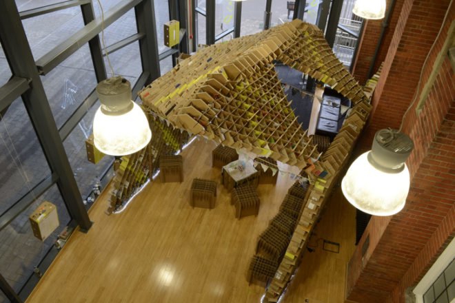 Newcastle University’s students teamed up with engineers and architects to build a pop-up café made entirely from recycled plastic bottles and cardboard boxes. The Trash Café is part of the University’s larger "upcycling" initiative which aims to develop an environmental awareness among young designers and motivate them to use sustainable materials. The plastic-bottle chairs and cardboard walls of the cafe will be dismantled and flat-packed at the end of the week to be moved to other locations in Newcastle.