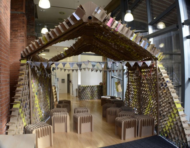 Newcastle University’s students teamed up with engineers and architects to build a pop-up café made entirely from recycled plastic bottles and cardboard boxes. The Trash Café is part of the University’s larger "upcycling" initiative which aims to develop an environmental awareness among young designers and motivate them to use sustainable materials. The plastic-bottle chairs and cardboard walls of the cafe will be dismantled and flat-packed at the end of the week to be moved to other locations in Newcastle.