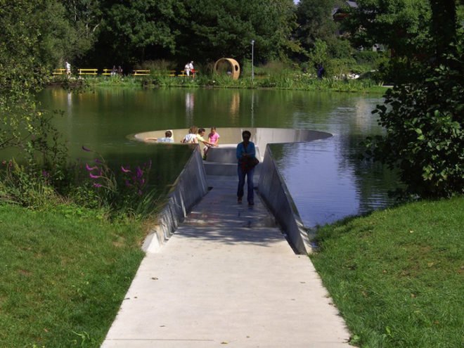 green design, eco design, sustainable design, Vocklabruch, Austria, submerged observation deck, Westpol Landscape Architect, Roland Barthofer, submerged architecture
