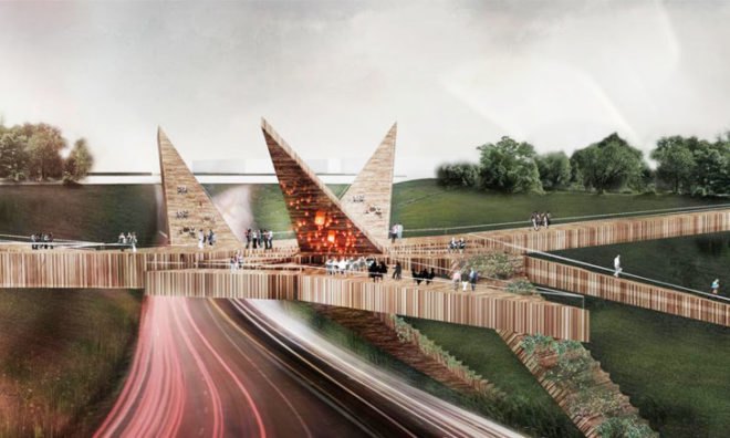 Miraflores-Barranco Pedestrian Bridge, OOIIO Architecure, pedestrian bridge, lima, peru, reclaimed timber, recycled wood