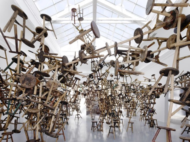 green design, eco design, sustainable design, Ai Weiwei, Venice Biennale 2013, Bang, 886 repurposed stools, recycle art, German Pavilion, Weiwei stool installation