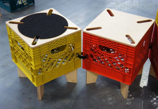 milk crate furniture, upcycled furniture, milk crate storage, milk crate seats, milkcrate chairs, recycled plastic chairs, milk crate seating, Mateo pinto, Carolina Cisneros, xtool, icff new york, international contemporary furniture fair, combo collab, local manufacturing, nyc furniture, sustainable furniture, eco friendly furniture