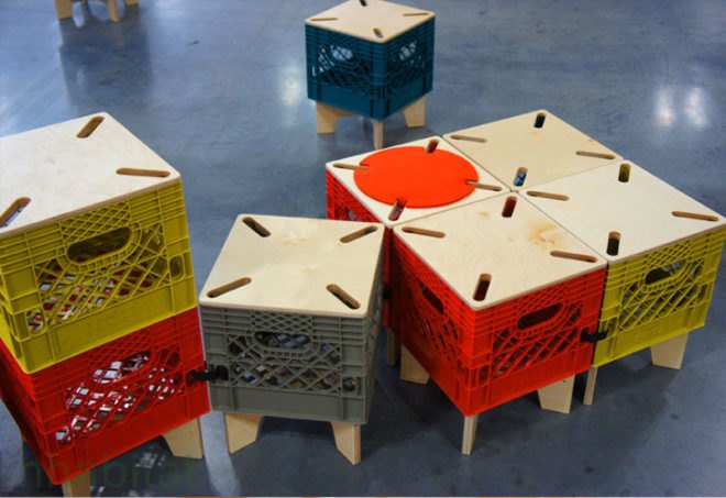 milk crate furniture, upcycled furniture, milk crate storage, milk crate seats, milkcrate chairs, recycled plastic chairs, milk crate seating, Mateo pinto, Carolina Cisneros, xtool, icff new york, international contemporary furniture fair, combo collab, local manufacturing, nyc furniture, sustainable furniture, eco friendly furniture