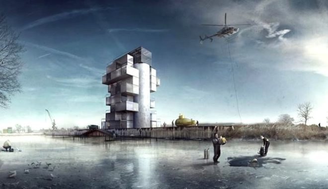 repurposed silos, urban diving and skydiving center in Warsaw, Poland skydiving center, adaptive reuse projects, shipping containers, green design, sustainable design, eco-design, urban design, MOKO Architects