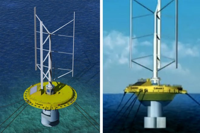 Hybrid wind and ocean current turbines, floating wind turbine, vertical axis wind turbine, ocean currents, tidal turbines