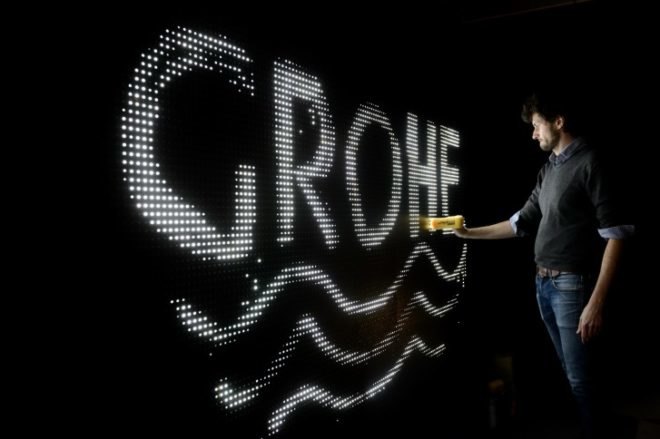 anotnin forneau, new york design week, grohe, digital water art display, water light graffiti, led activated by water, water light graffiti wall