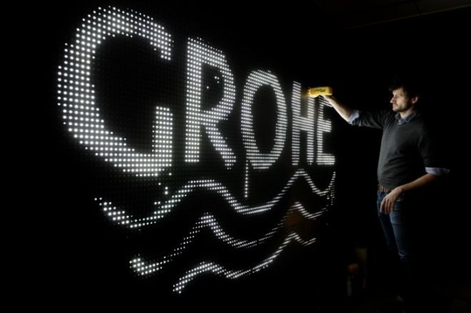 anotnin forneau, new york design week, grohe, digital water art display, water light graffiti, led activated by water, water light graffiti wall