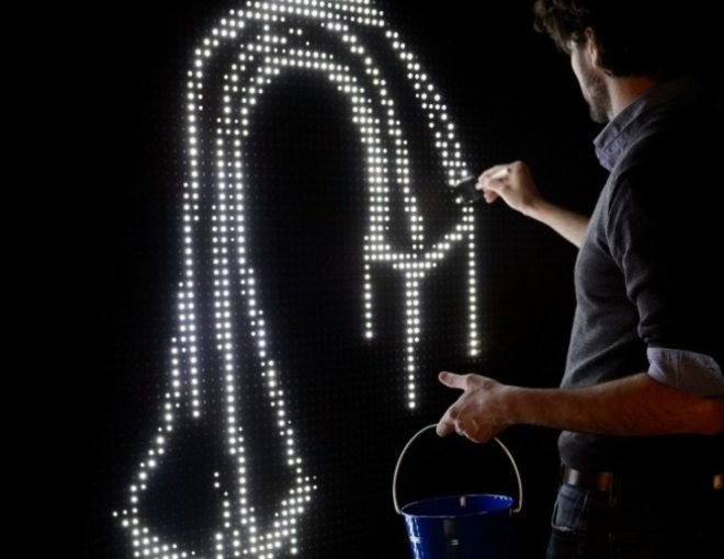 anotnin forneau, new york design week, grohe, digital water art display, water light graffiti, led activated by water, water light graffiti wall
