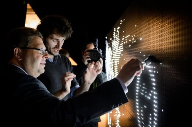 anotnin forneau, new york design week, grohe, digital water art display, water light graffiti, led activated by water, water light graffiti wall