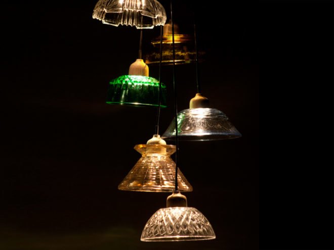 Recycled Lamps, Just Desserts, Jay Watson, Interiors LDN, London, Recycled Dessert Bowls, Glass Lamps, Discarded Dessert Bowls, LED, Up-cycling, Dessert Bowl Pendant Lamps