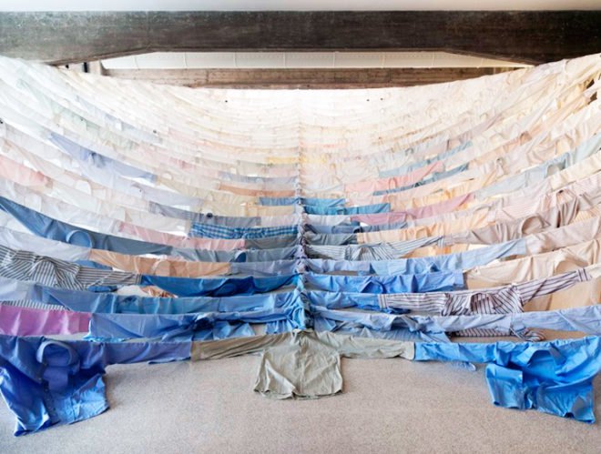 Kaarina Kaikkonen, second hand clothes, shirts, shirts landscape, italy, Max Mara, art installation, Art, Recycled Materials