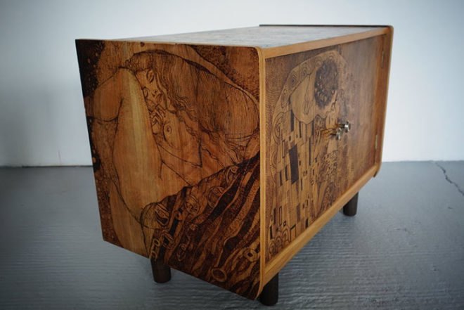 Vinella/Krupa, upcycled furniture, Art Nouveau, pyrography, wooden furniture, klimt, Edinburgh, Art, green furniture