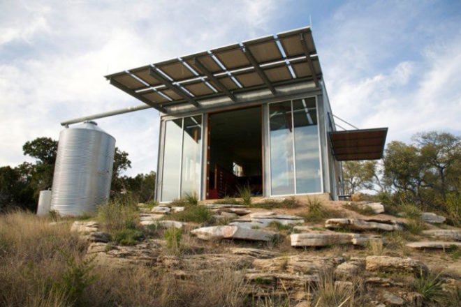 Mod Cott, Mell Lawrence Architects, solar house, guest house, lake buchanan, low energy house, rainwater collection