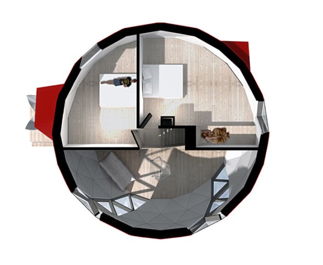 DOM(E) NRJA, NRJA Architects, geodesic dome, residential geodesic dome, self-sufficient home, mobile housing, prefab houses, dome, solar panels, rainwater collectors, naturally cooled homes, natural ventilation, low-cost housing