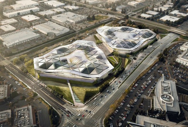 Nvidia Headquarters, Nvidia, Apple campus, Google headquarters, Facebook headquarters. triangular buildings, headquarters, California architecture, company campus design, Gensler, faceted glass roof, tech moguls architecture