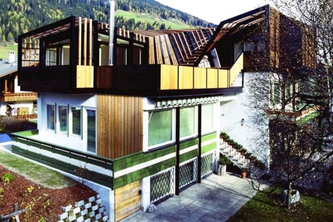 Architecture, gallery, Plasma Studio, parasite house, Esker Haus, San Candido, Italy, prefab composite walls, wooden frames, local wood