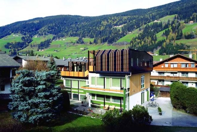 Architecture, gallery, Plasma Studio, parasite house, Esker Haus, San Candido, Italy, prefab composite walls, wooden frames, local wood