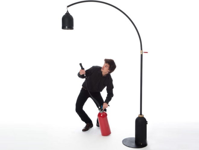 green design, eco design, sustainable design, Samuel bernier, upcycled lamp, Achille Castiglioni, arco lamp, fire extinguisher lamp, recycled fire extinguisher