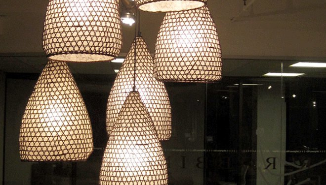 green design, eco design, sustainable design, Tucker Robbins, ICFF, rattan lamps, fishing basket lamp, salvaged lamps