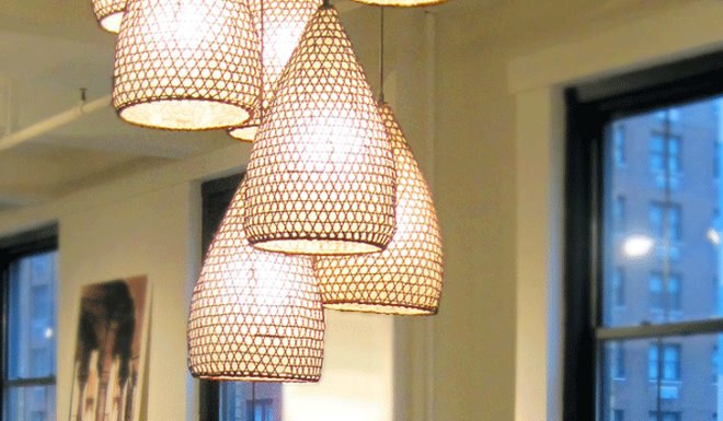 green design, eco design, sustainable design, Tucker Robbins, ICFF, rattan lamps, fishing basket lamp, salvaged lamps