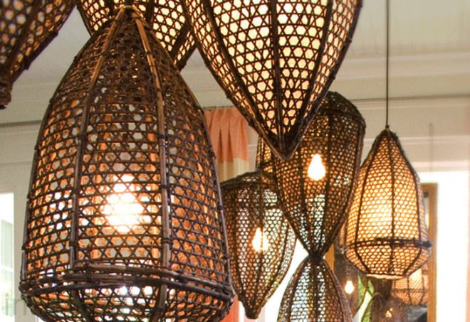 green design, eco design, sustainable design, Tucker Robbins, ICFF, rattan lamps, fishing basket lamp, salvaged lamps