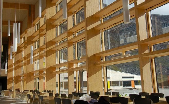 atuarfik hans lynge school, qinngorport, nuuk, greenland, khr arkitektur a/s, new school building in greenland, school building that withstands harsh winds, troldteck, eco-friendly acoustic panels, using color to enliven a gray background in Greenland, masterplanned marketplace in Qinngorport