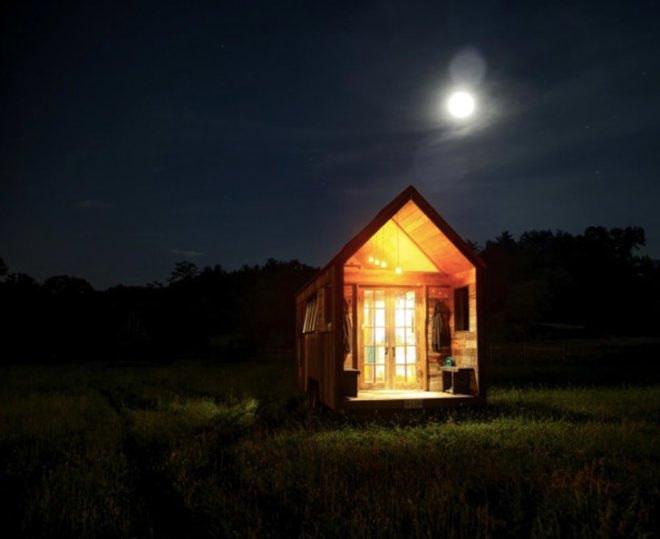Aaron Maret, Pocket Shelter, tiny home, nighttime view