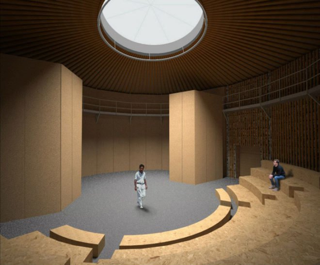 green design, eco design, sustainable design, paper bale architecture, recycled paper theater, Studio Andrew Todd, 2013 World Stage Design, Globe Theater, sustainable theater