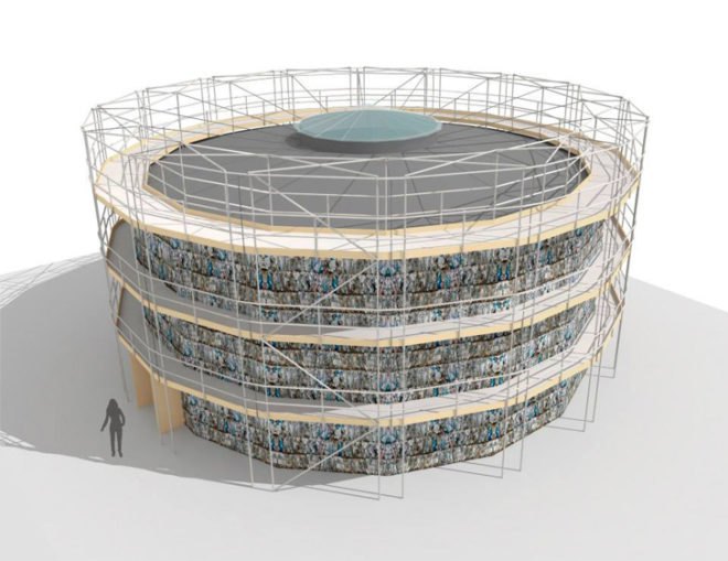 green design, eco design, sustainable design, paper bale architecture, recycled paper theater, Studio Andrew Todd, 2013 World Stage Design, Globe Theater, sustainable theater