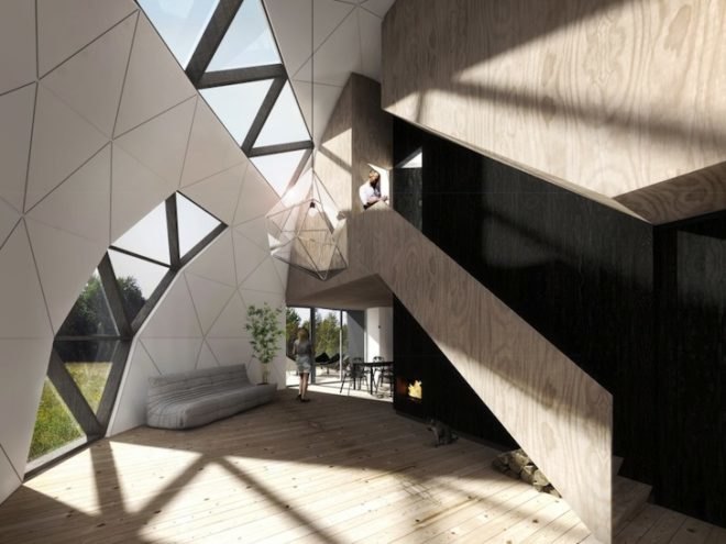 geodesic dome, prefabricated construction, off-grid home, green design, sustainable design, eco-design, DOM(E) House, NRJA, solar-powered homes, rainwater collection,