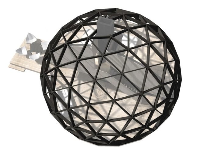 geodesic dome, prefabricated construction, off-grid home, green design, sustainable design, eco-design, DOM(E) House, NRJA, solar-powered homes, rainwater collection,