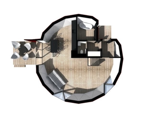 geodesic dome, prefabricated construction, off-grid home, green design, sustainable design, eco-design, DOM(E) House, NRJA, solar-powered homes, rainwater collection,